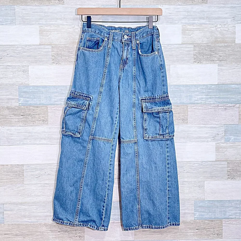 Old Navy High Waisted Super Baggy Wide-Leg Cargo Jeans Blue Indigo Girls 12